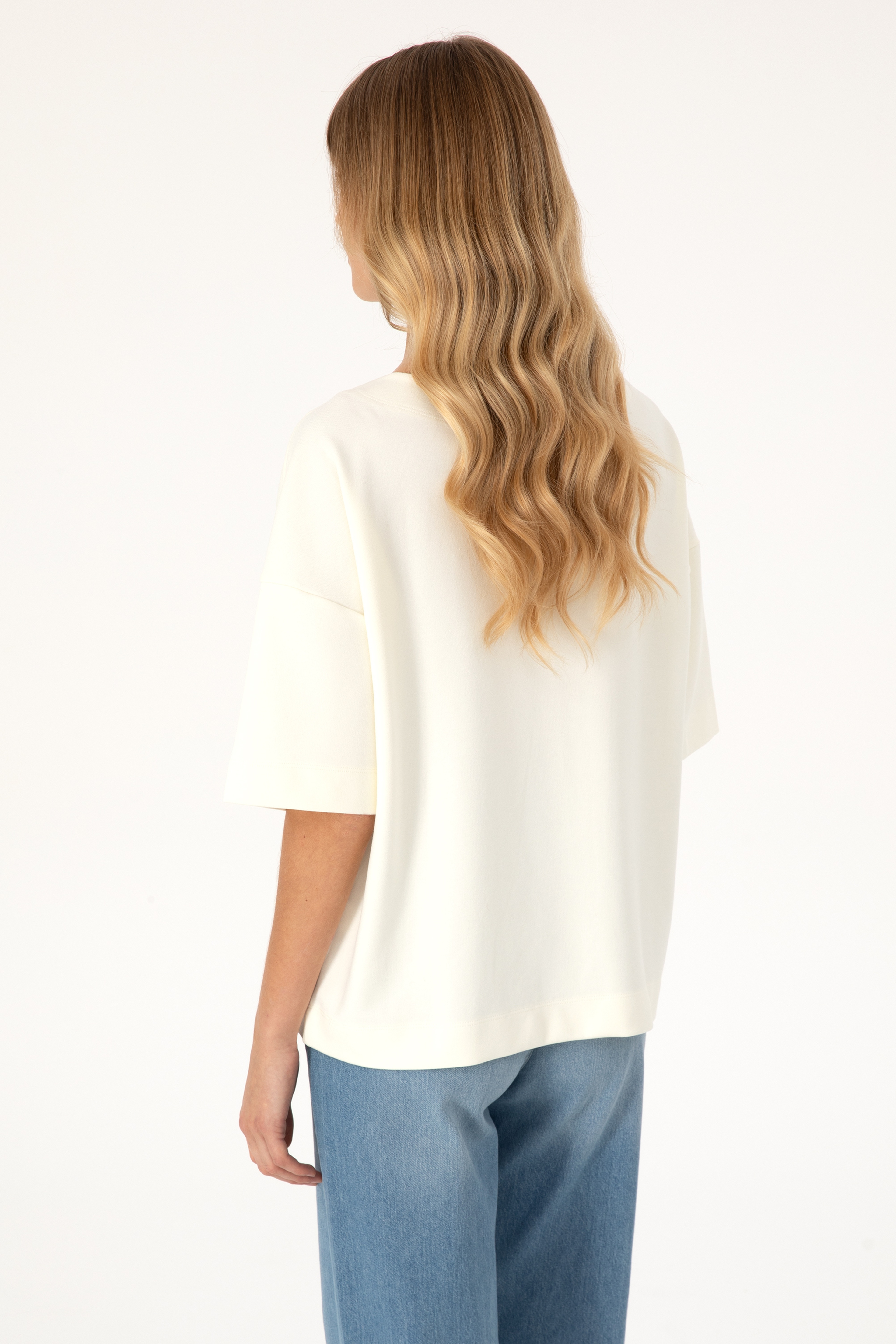 Kadın Krem Kısa Kollu Bisiklet Yaka Sweatshirt - Image 5