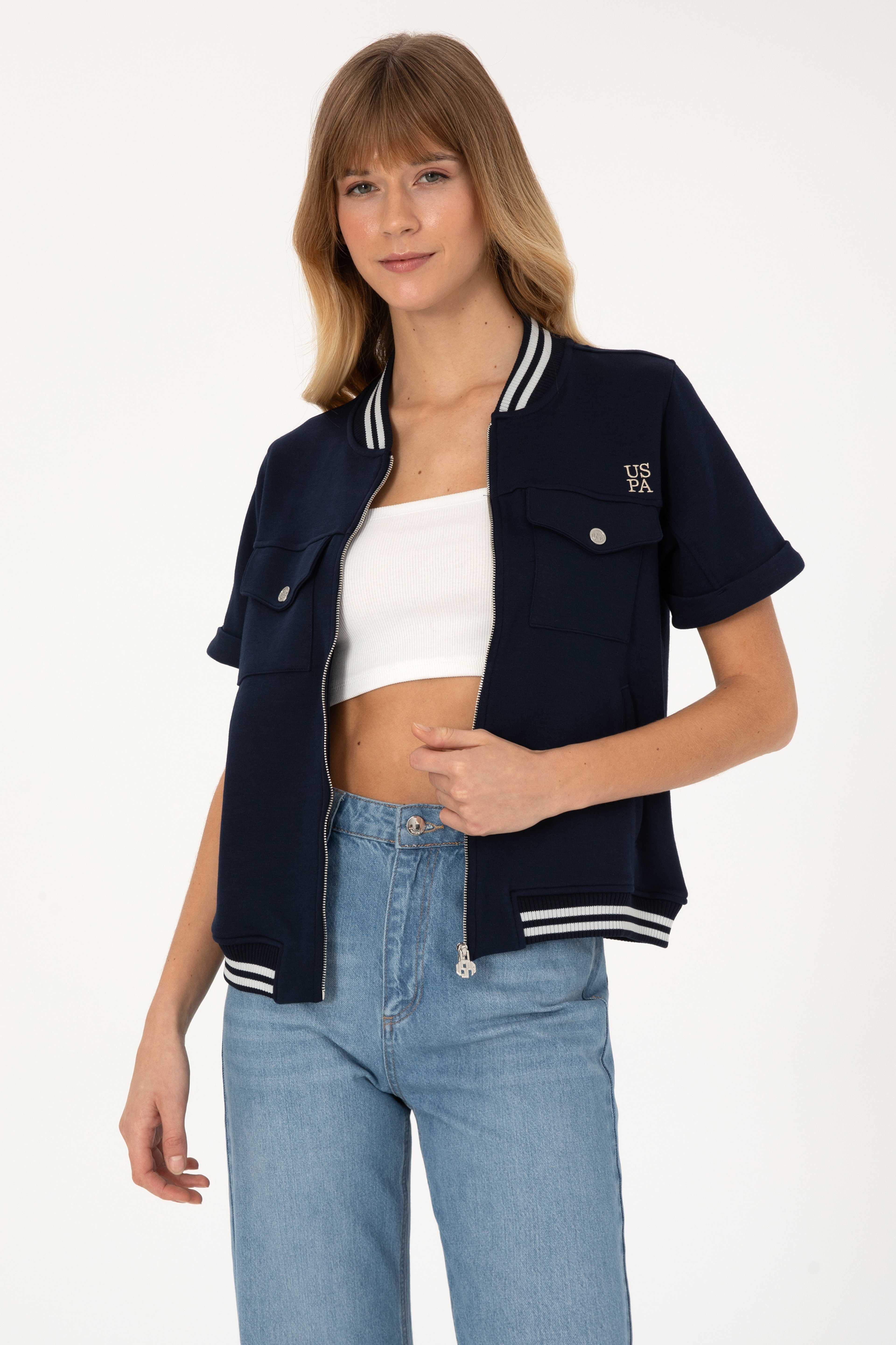 Kadın Lacivert Kısa Kollu Fermuarlı Bisiklet Yaka Sweatshirt - Image 3