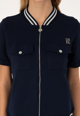 Kadın Lacivert Kısa Kollu Fermuarlı Bisiklet Yaka Sweatshirt - 50309093006