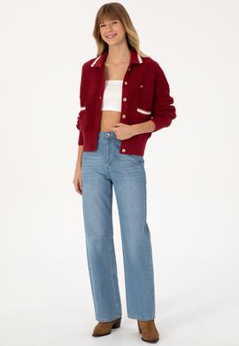 Kadın Koyu Frambuaz Triko Hırka - 50315553023