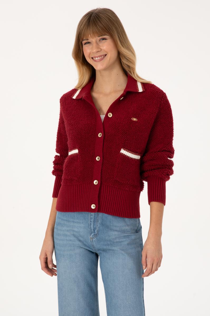 Kadın Koyu Frambuaz Triko Hırka