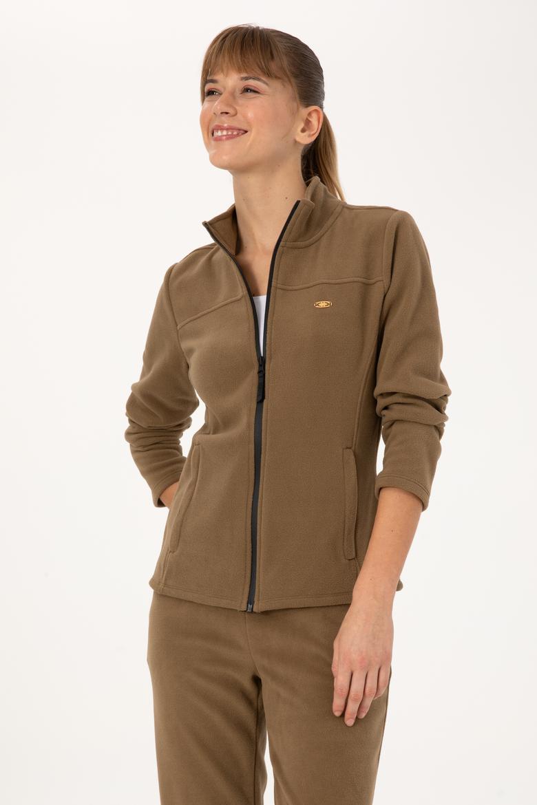 Kadın Haki Fermuarlı Dik Yaka Polar Sweatshirt - 50316729054