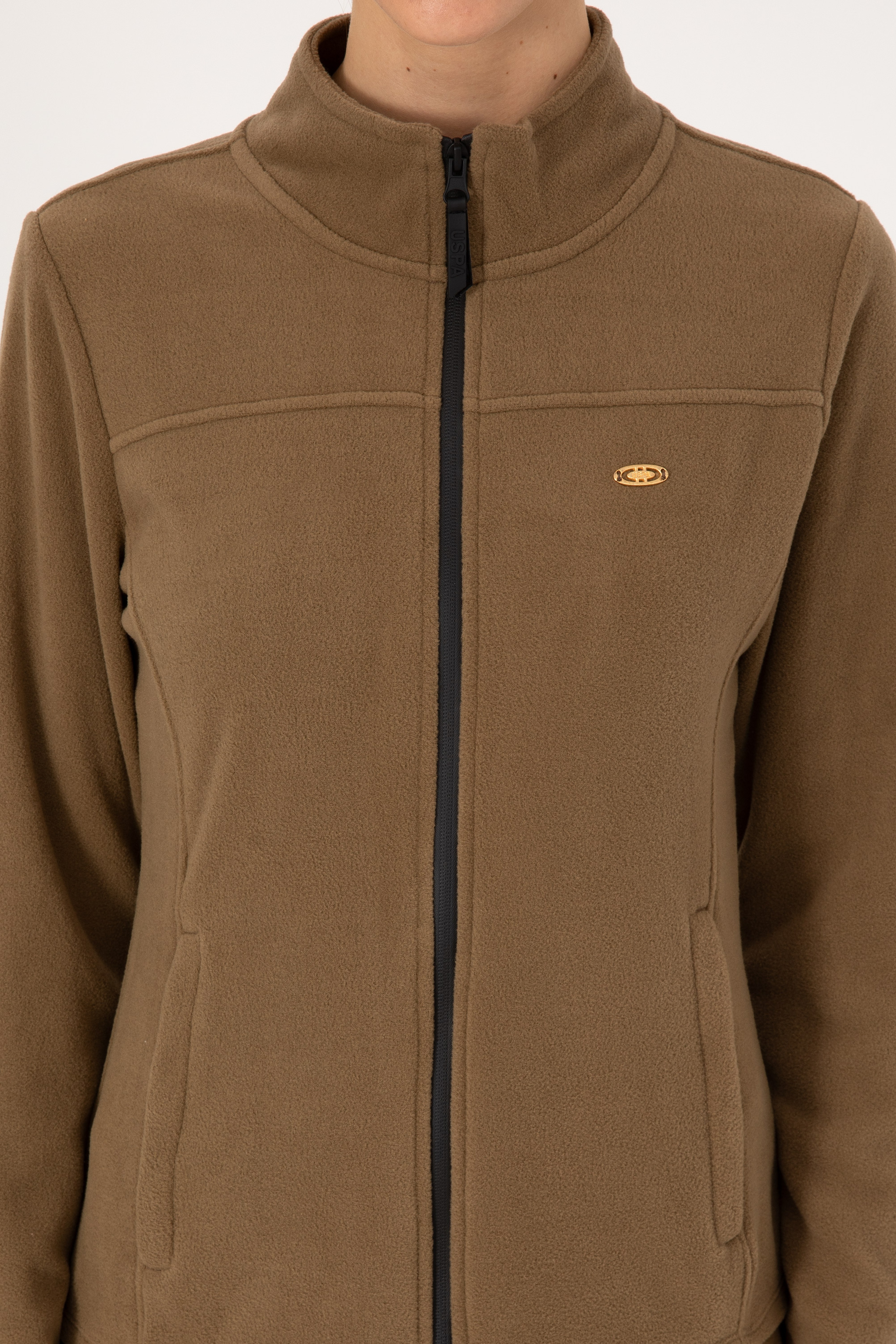 Kadın Haki Fermuarlı Dik Yaka Polar Sweatshirt