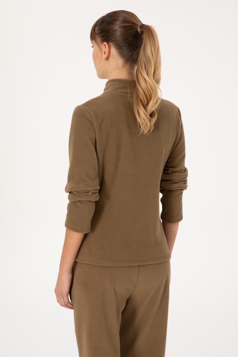 Kadın Haki Fermuarlı Dik Yaka Polar Sweatshirt - 50316729054