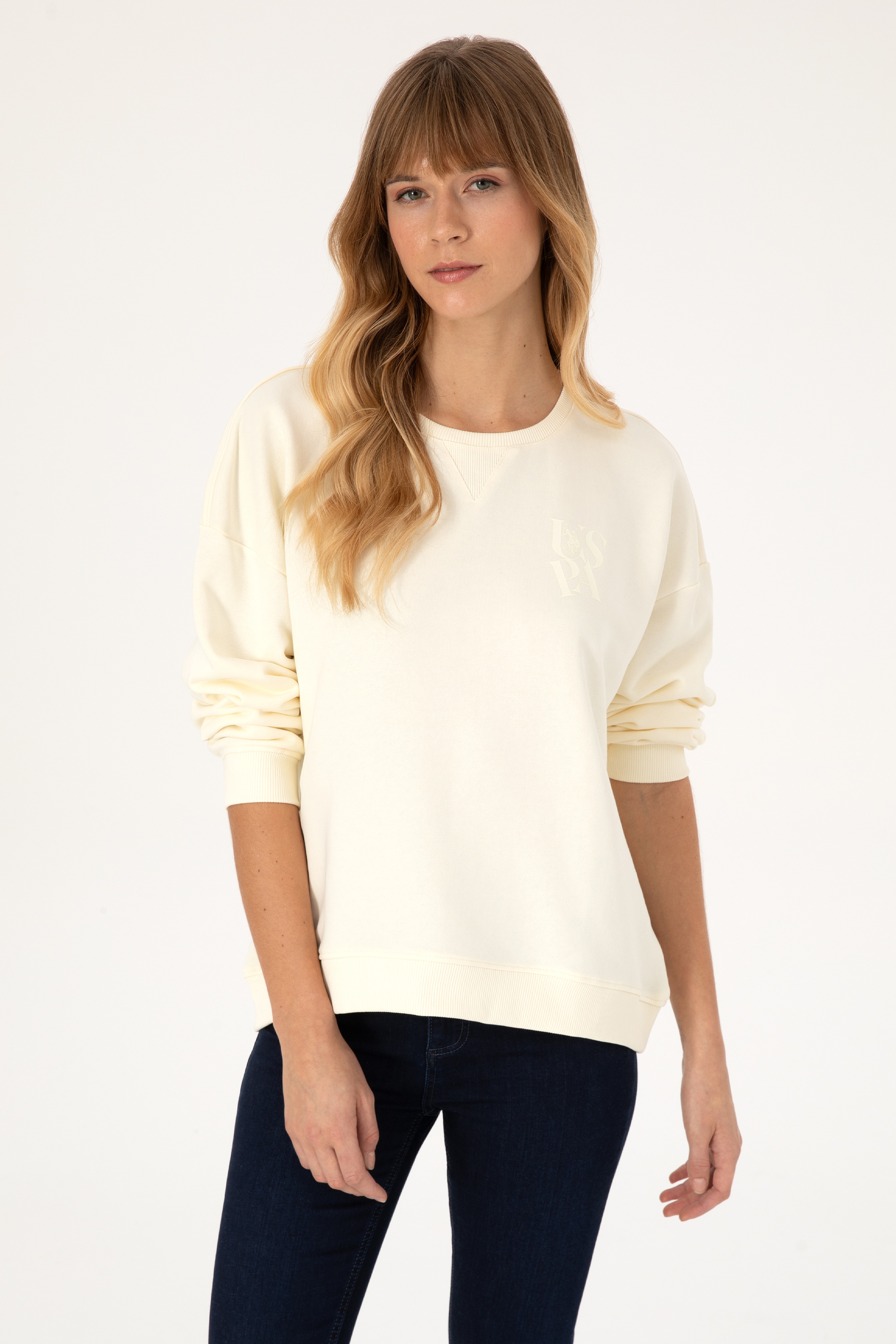Kadın Krem Bisiklet Yaka Sweatshirt - Image 1