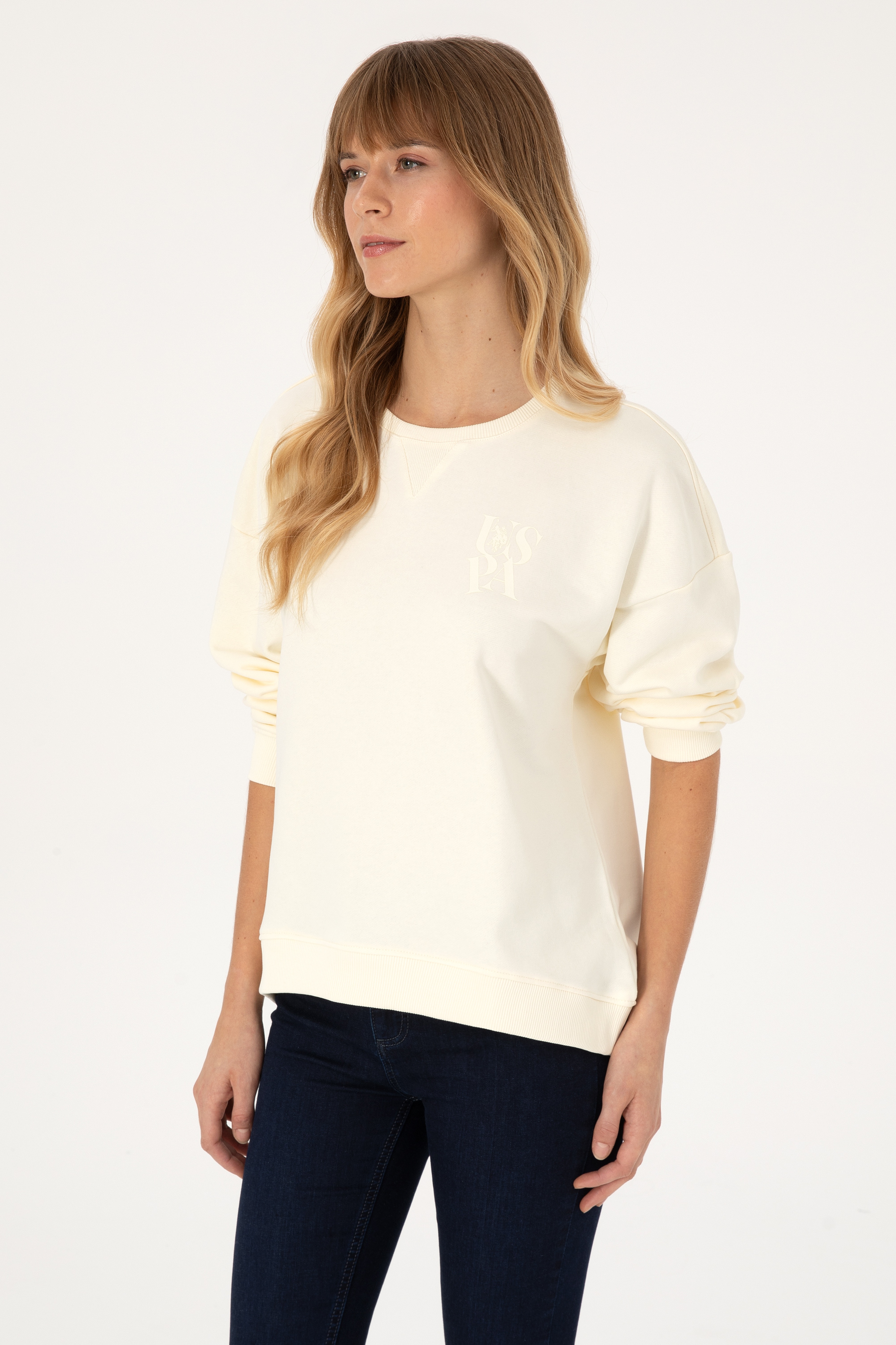 Kadın Krem Bisiklet Yaka Sweatshirt - Image 3