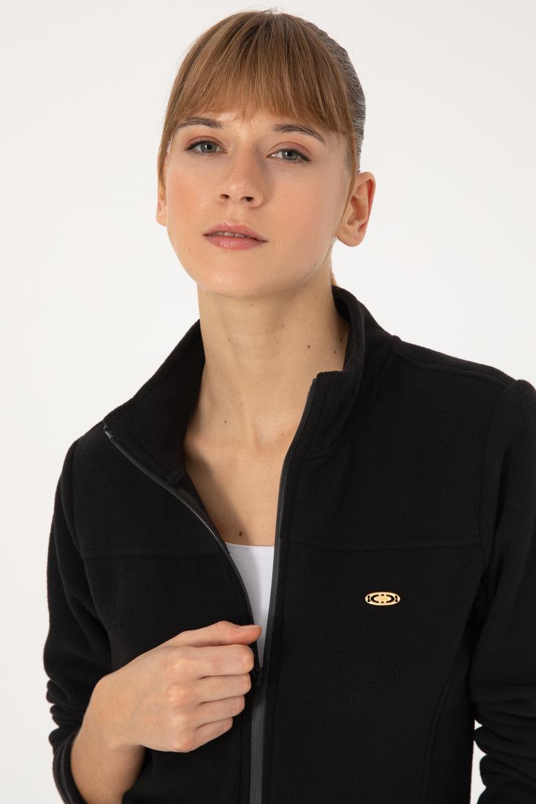 Kadın Siyah Fermuarlı Dik Yaka Polar Sweatshirt - 50316729007