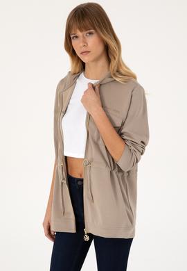 Kadın Koyu Bej Fermuarlı Kapüşonlu Sweathirt - 50309102004