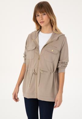 Kadın Koyu Bej Fermuarlı Kapüşonlu Sweathirt - 50309102004