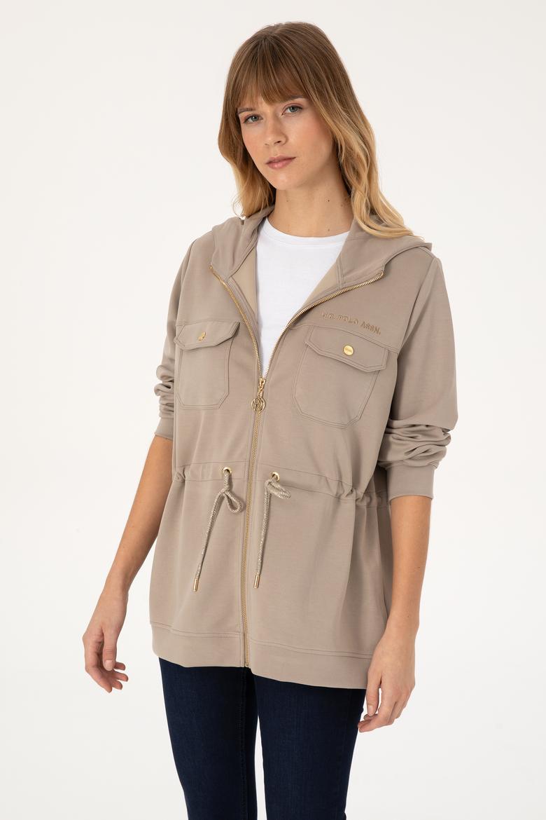 Kadın Koyu Bej Fermuarlı Kapüşonlu Sweathirt