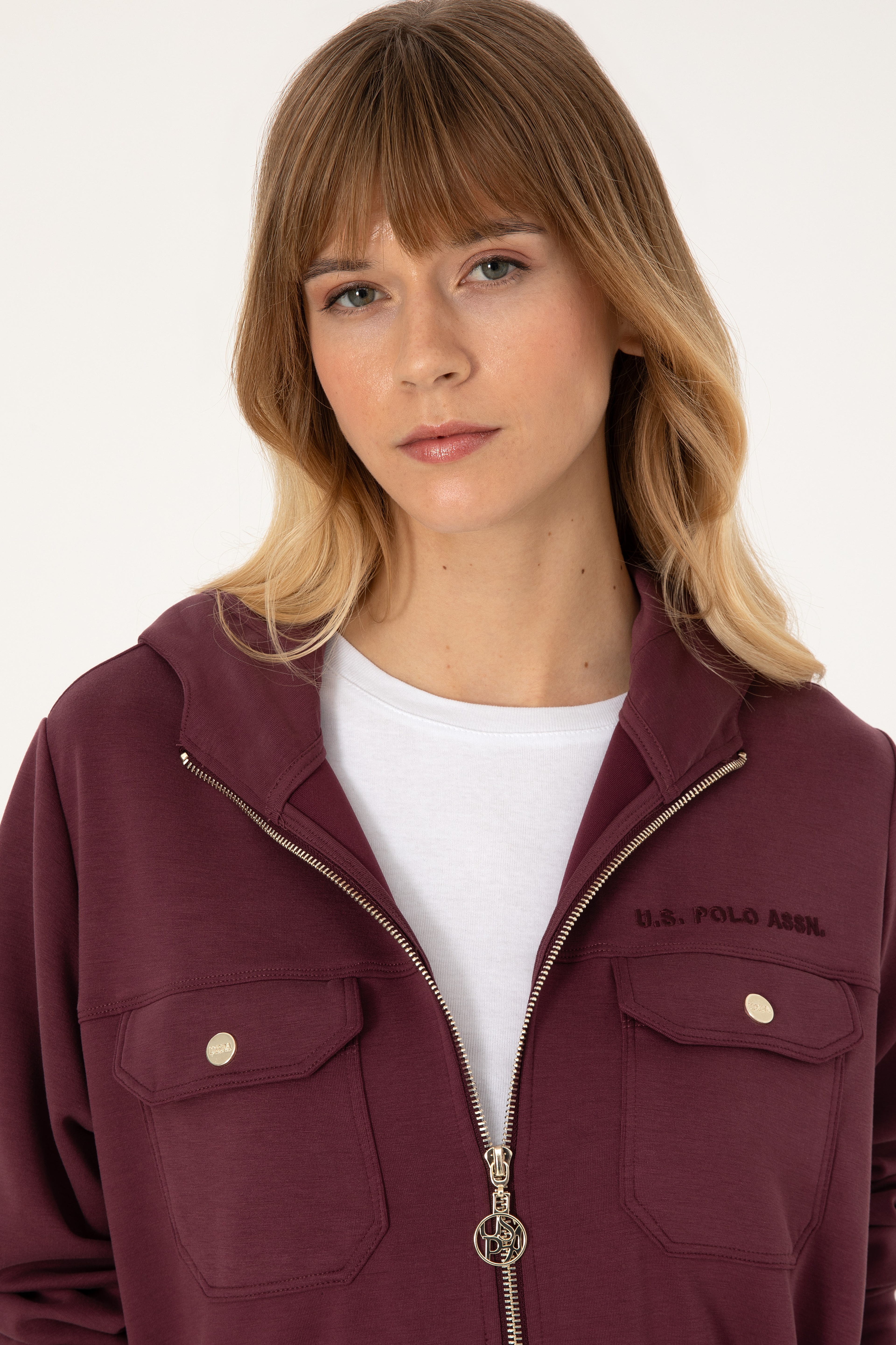Kadın Bordo Fermuarlı Kapüşonlu Sweatshirt