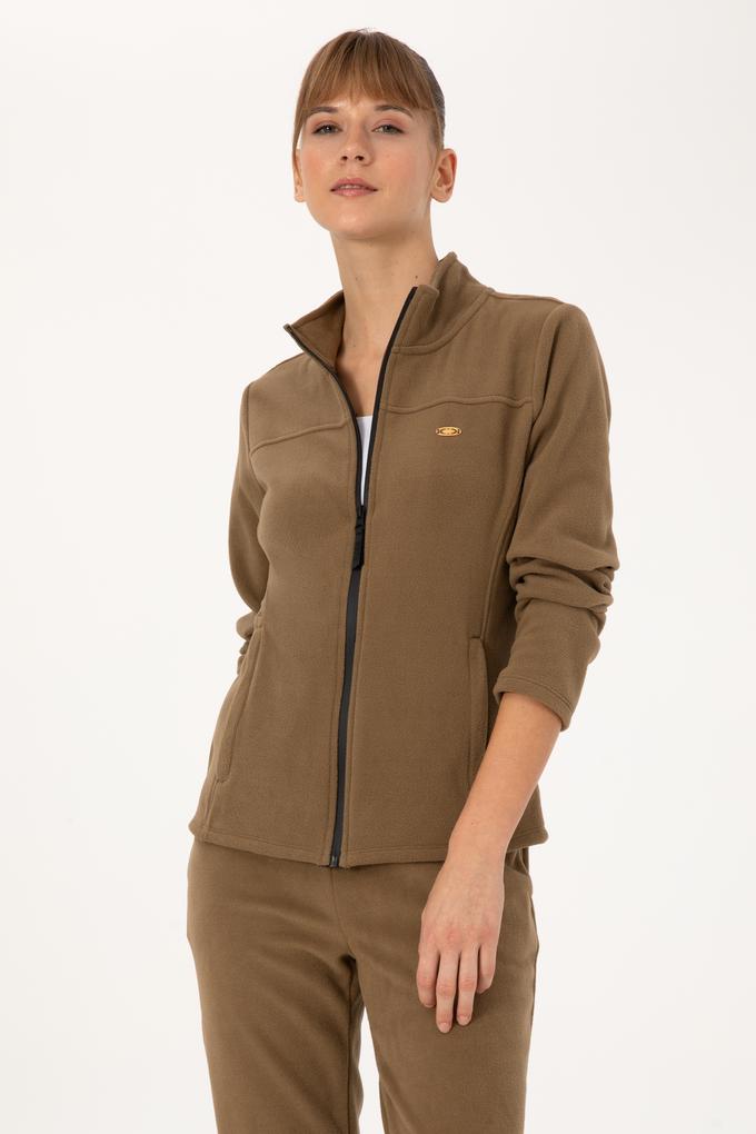 Kadın Haki Fermuarlı Dik Yaka Polar Sweatshirt