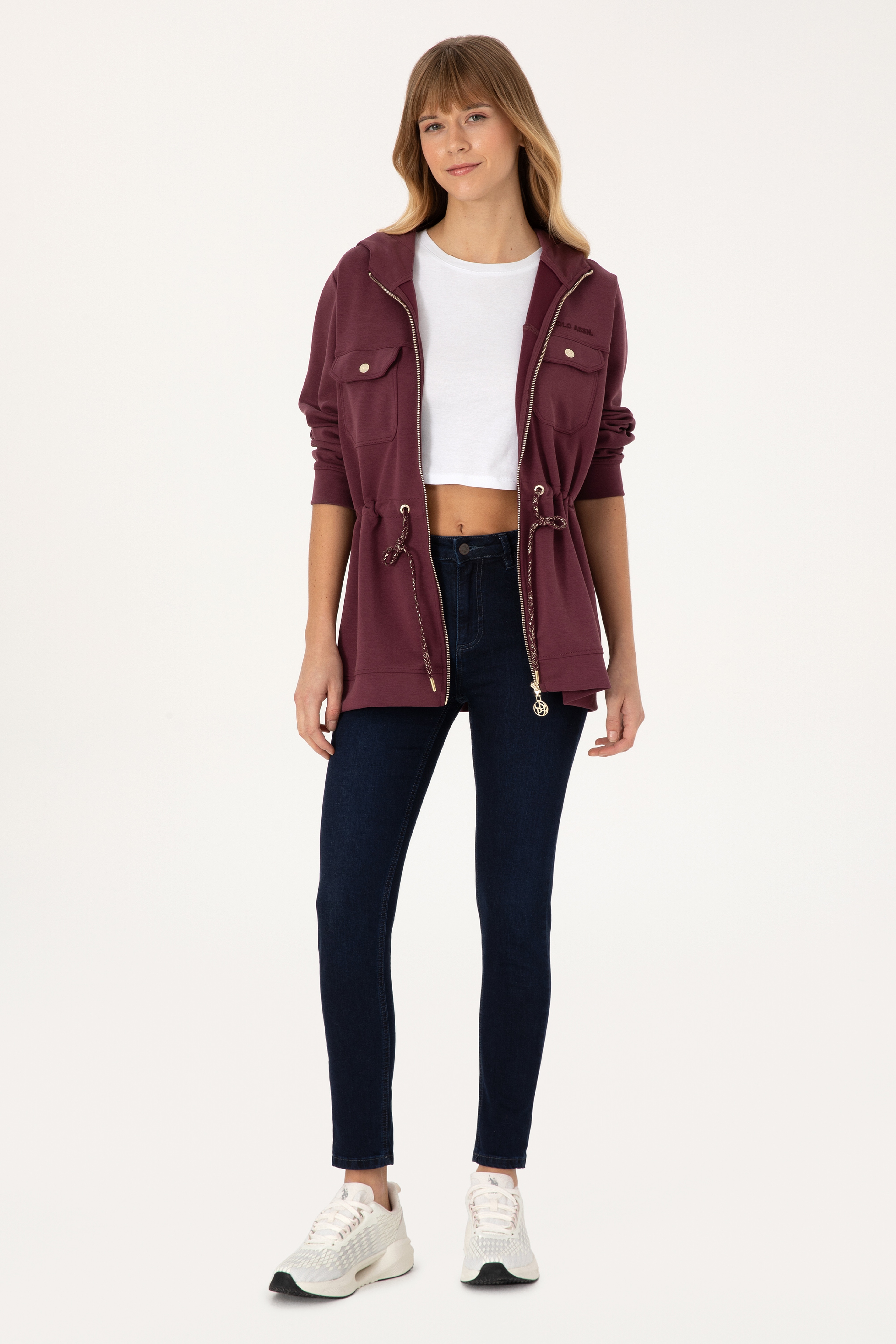 Kadın Bordo Fermuarlı Kapüşonlu Sweatshirt - Image 4