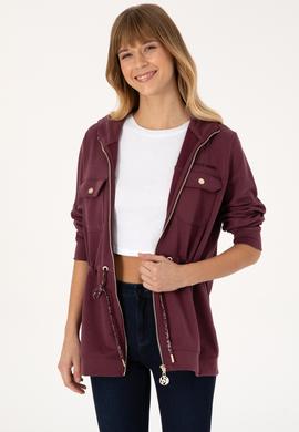 Kadın Bordo Fermuarlı Kapüşonlu Sweatshirt - 50309102013
