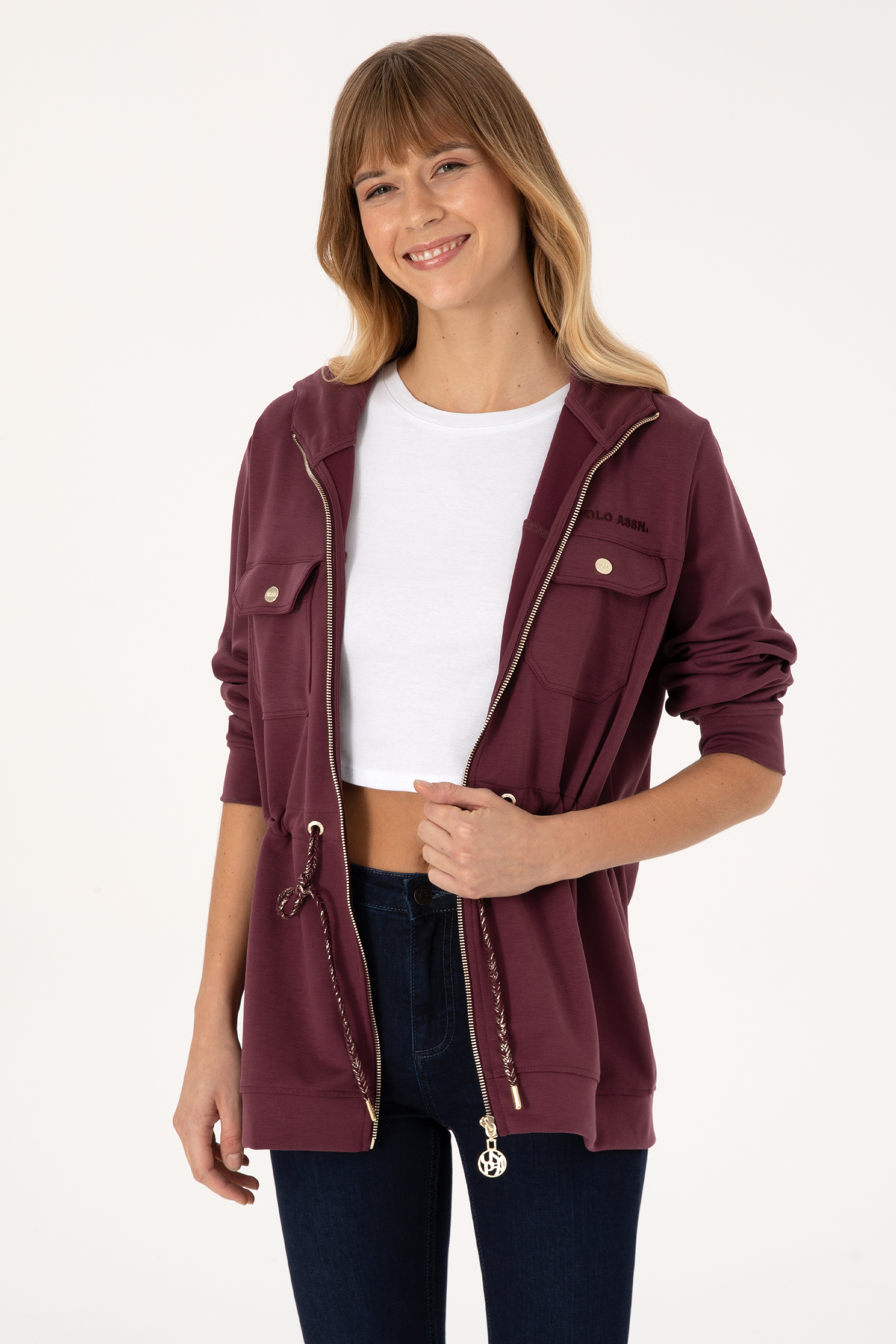 Kadın Bordo Fermuarlı Kapüşonlu Sweatshirt - Image 3