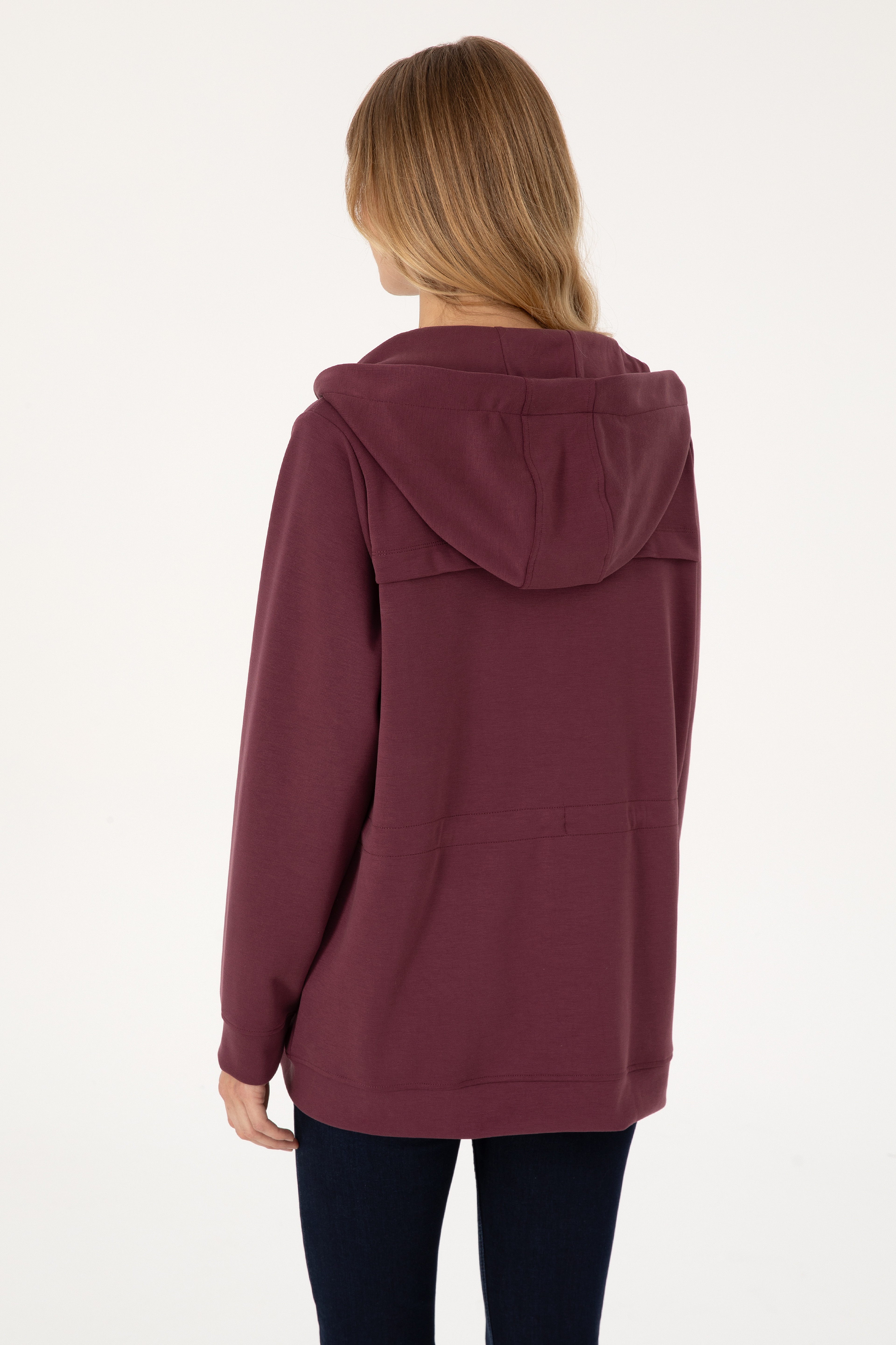 Kadın Bordo Fermuarlı Kapüşonlu Sweatshirt