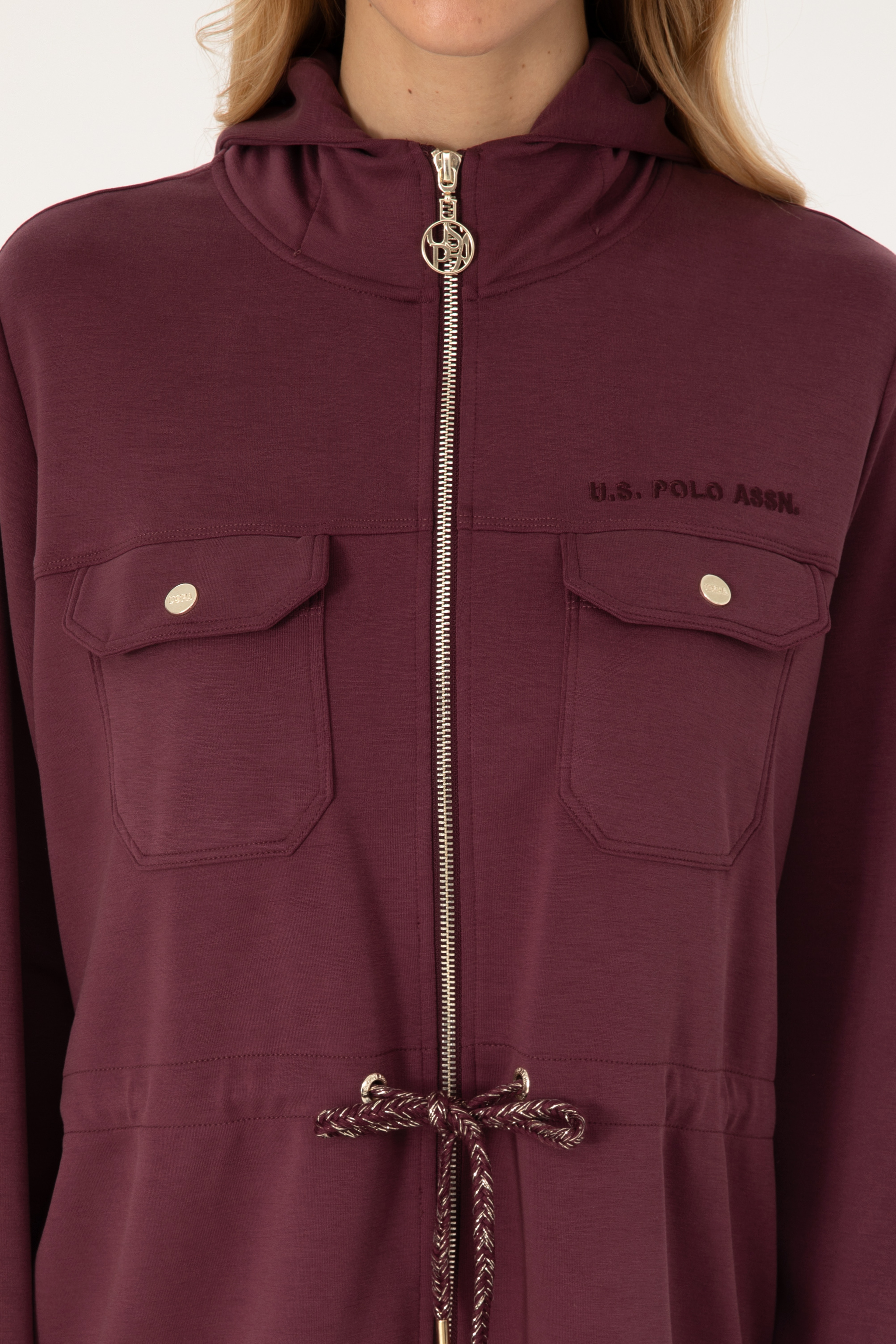 Kadın Bordo Fermuarlı Kapüşonlu Sweatshirt