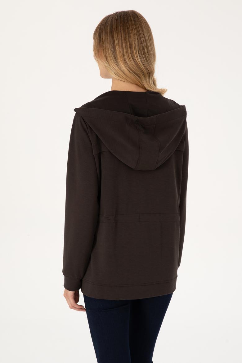 Kadın Koyu Kahverengi Fermuarlı Kapüşonlu Sweathirt - 50309102021