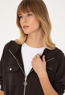 Kadın Koyu Kahverengi Fermuarlı Kapüşonlu Sweathirt - 50309102021