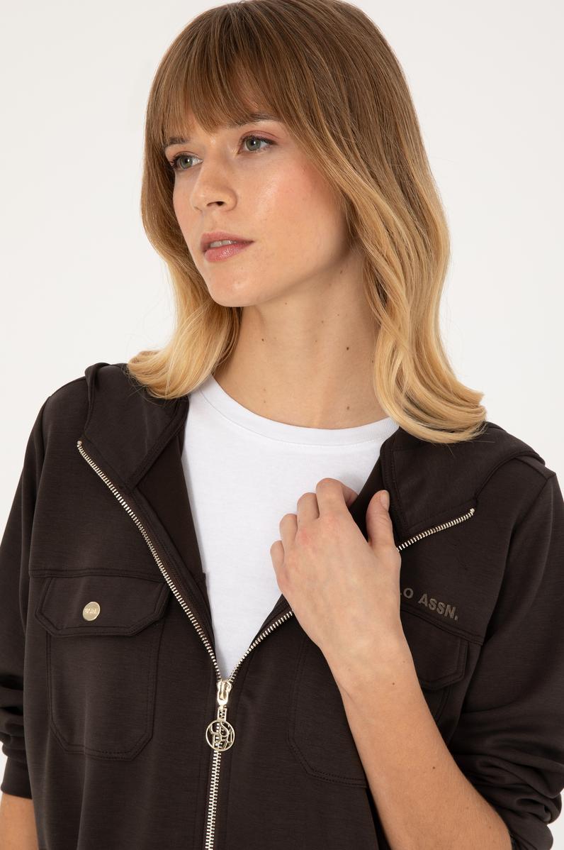 Kadın Koyu Kahverengi Fermuarlı Kapüşonlu Sweathirt