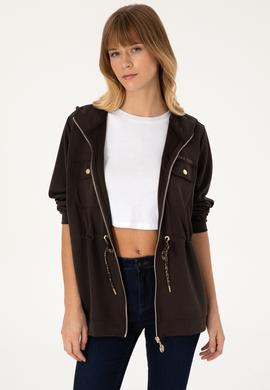 Kadın Koyu Kahverengi Fermuarlı Kapüşonlu Sweathirt - 50309102021