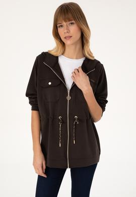 Kadın Koyu Kahverengi Fermuarlı Kapüşonlu Sweathirt - 50309102021