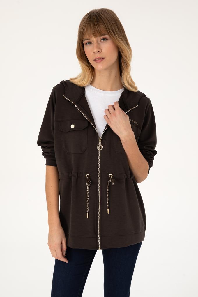 Kadın Koyu Kahverengi Fermuarlı Kapüşonlu Sweathirt