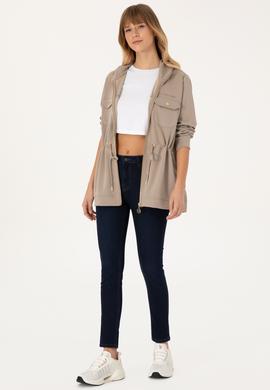 Kadın Koyu Bej Fermuarlı Kapüşonlu Sweathirt - 50309102004