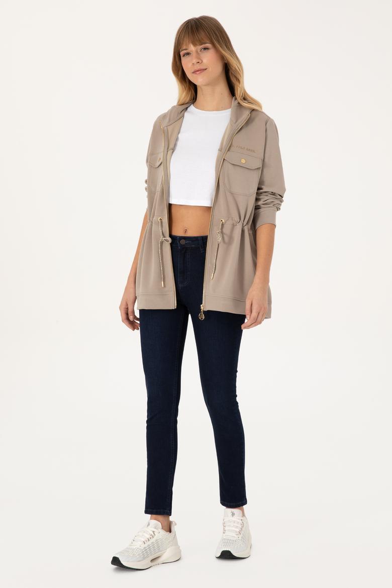 Kadın Koyu Bej Fermuarlı Kapüşonlu Sweathirt - 50309102004