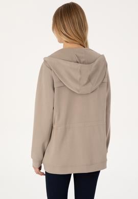 Kadın Koyu Bej Fermuarlı Kapüşonlu Sweathirt - 50309102004