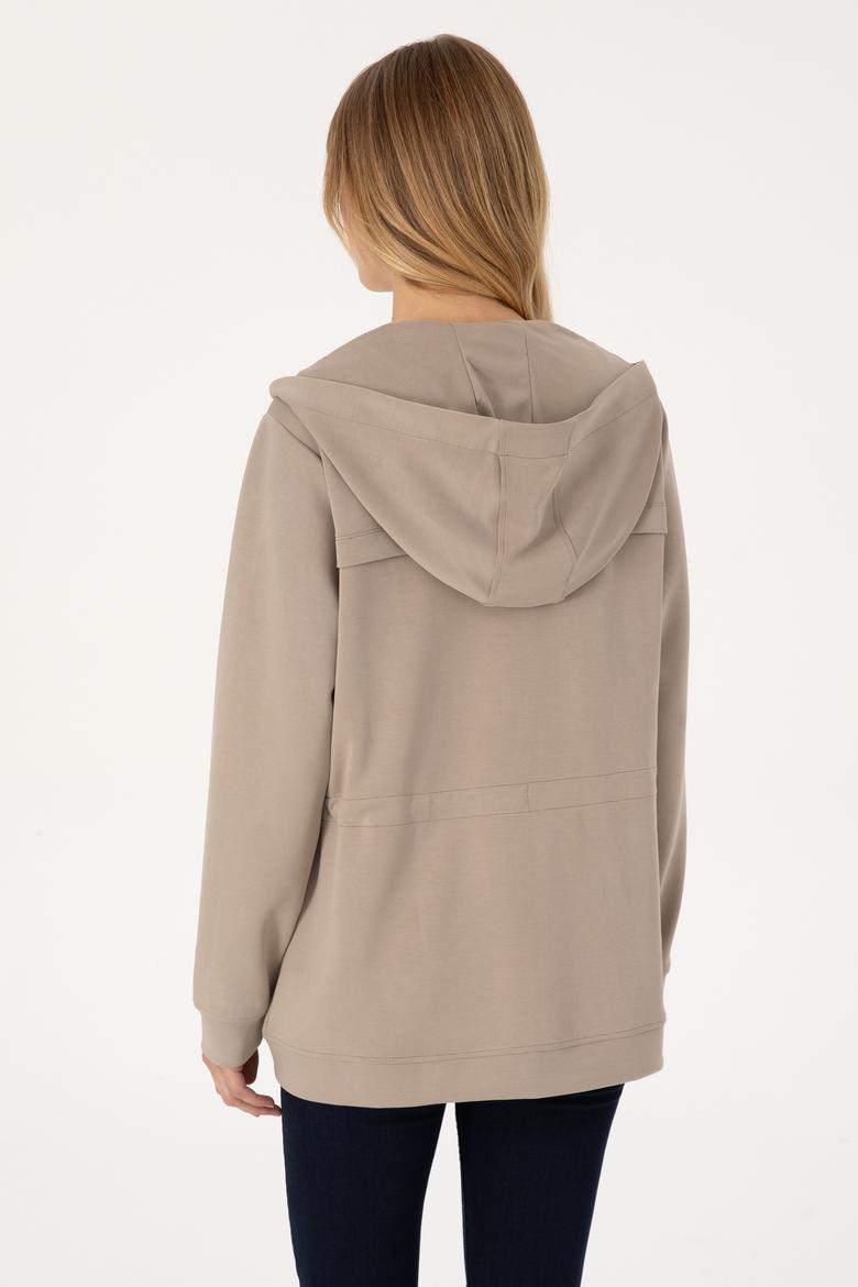 Kadın Koyu Bej Fermuarlı Kapüşonlu Sweathirt - 50309102004