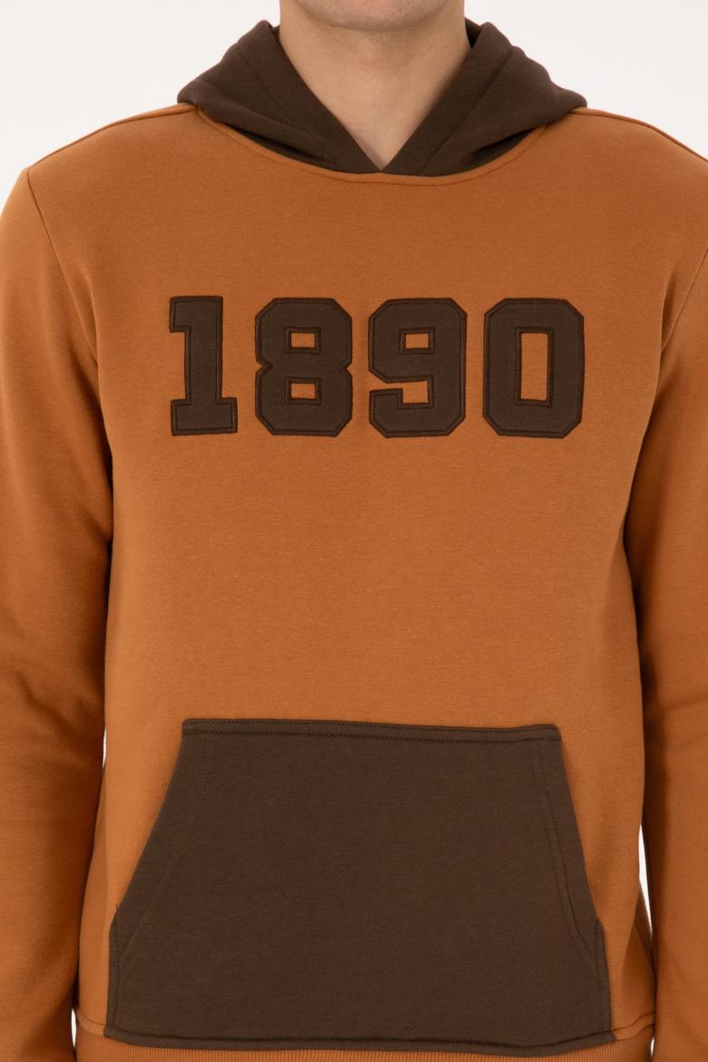 Erkek Regular Fit Kapüşonlu Şardonlu Açık Haki Sweatshirt - 50316359057