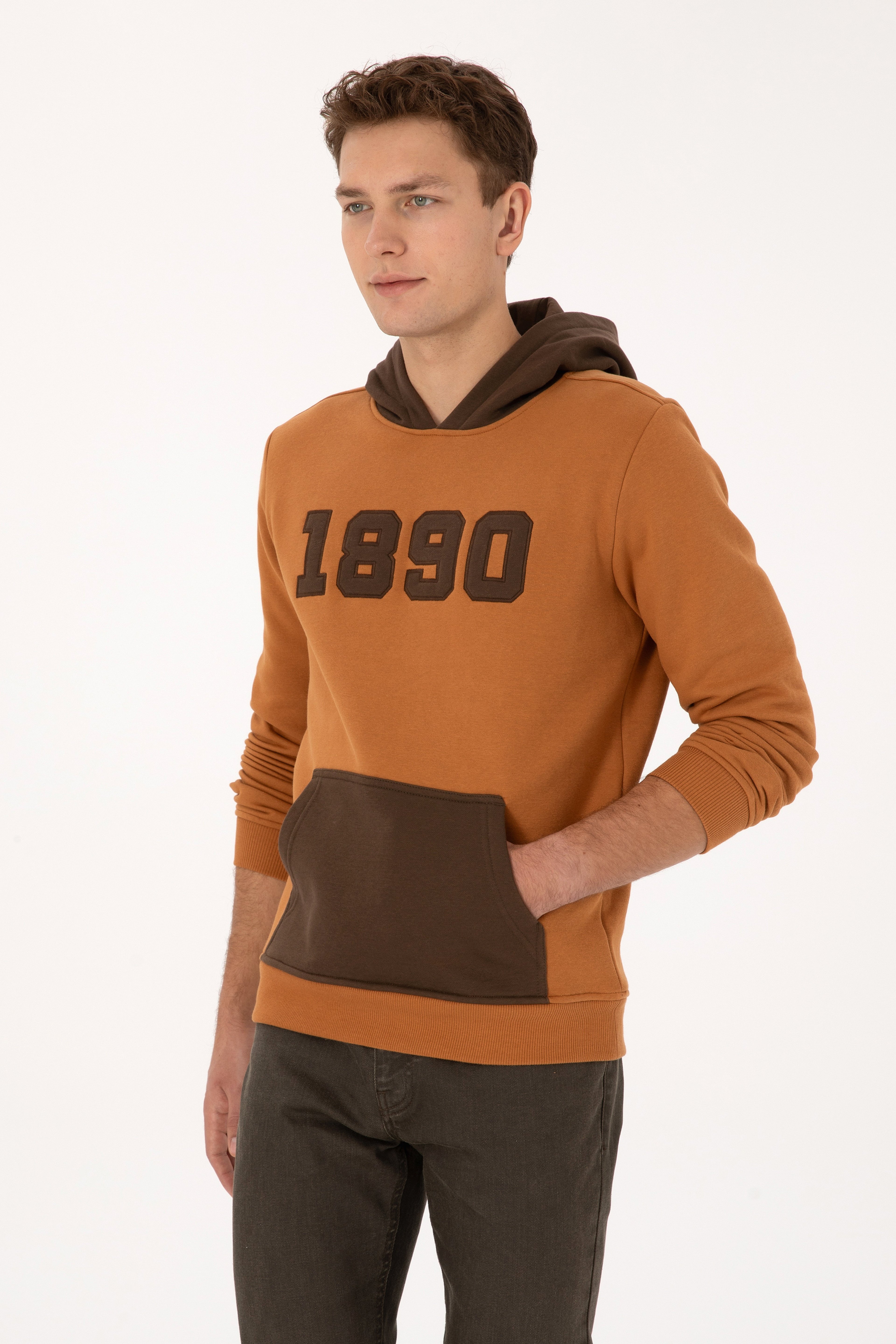 Erkek Regular Fit Kapüşonlu Şardonlu Açık Haki Sweatshirt