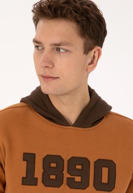 Erkek Regular Fit Kapüşonlu Şardonlu Açık Haki Sweatshirt - 50316359057