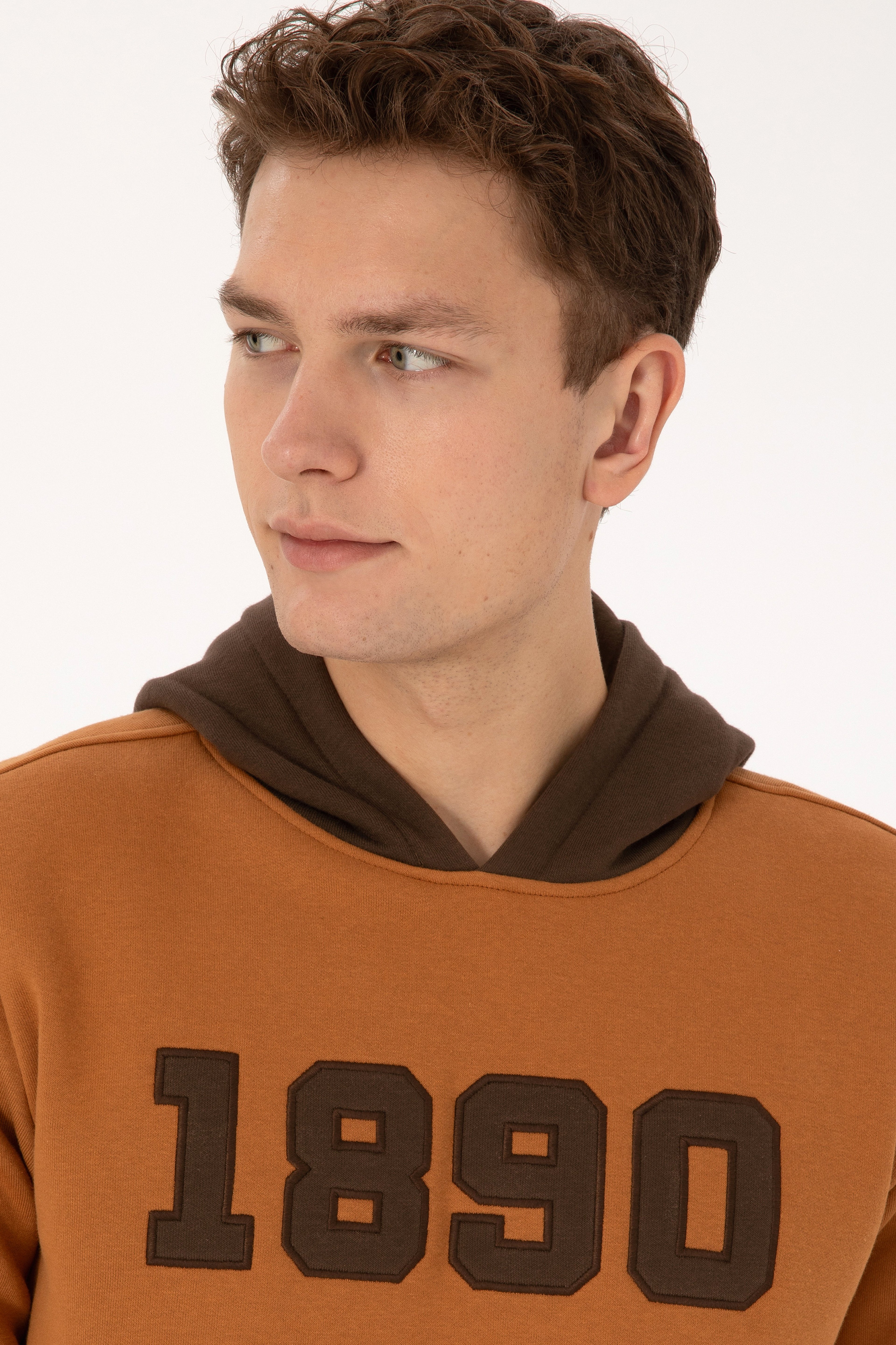Erkek Regular Fit Kapüşonlu Şardonlu Açık Haki Sweatshirt - Image 2