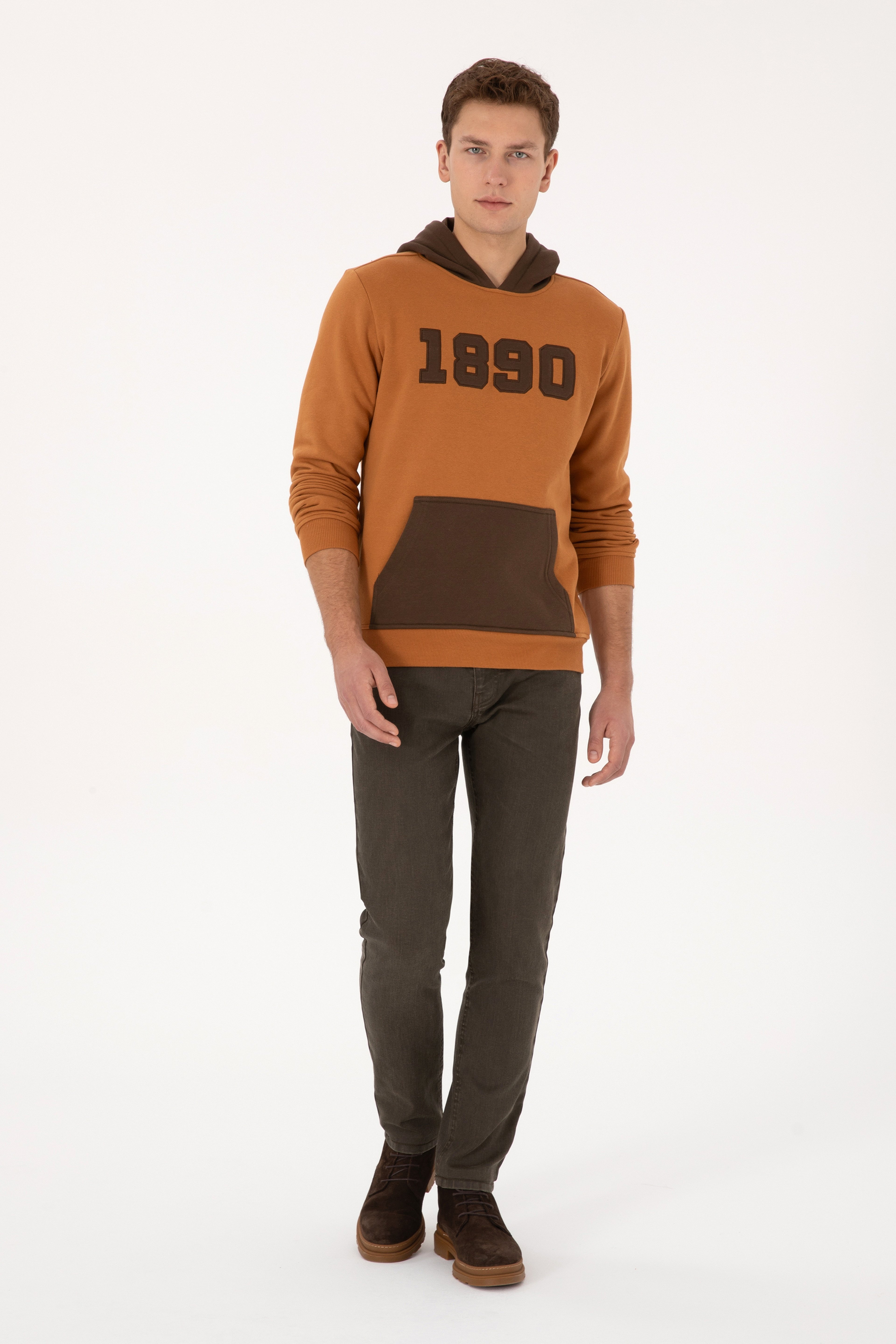 Erkek Regular Fit Kapüşonlu Şardonlu Açık Haki Sweatshirt