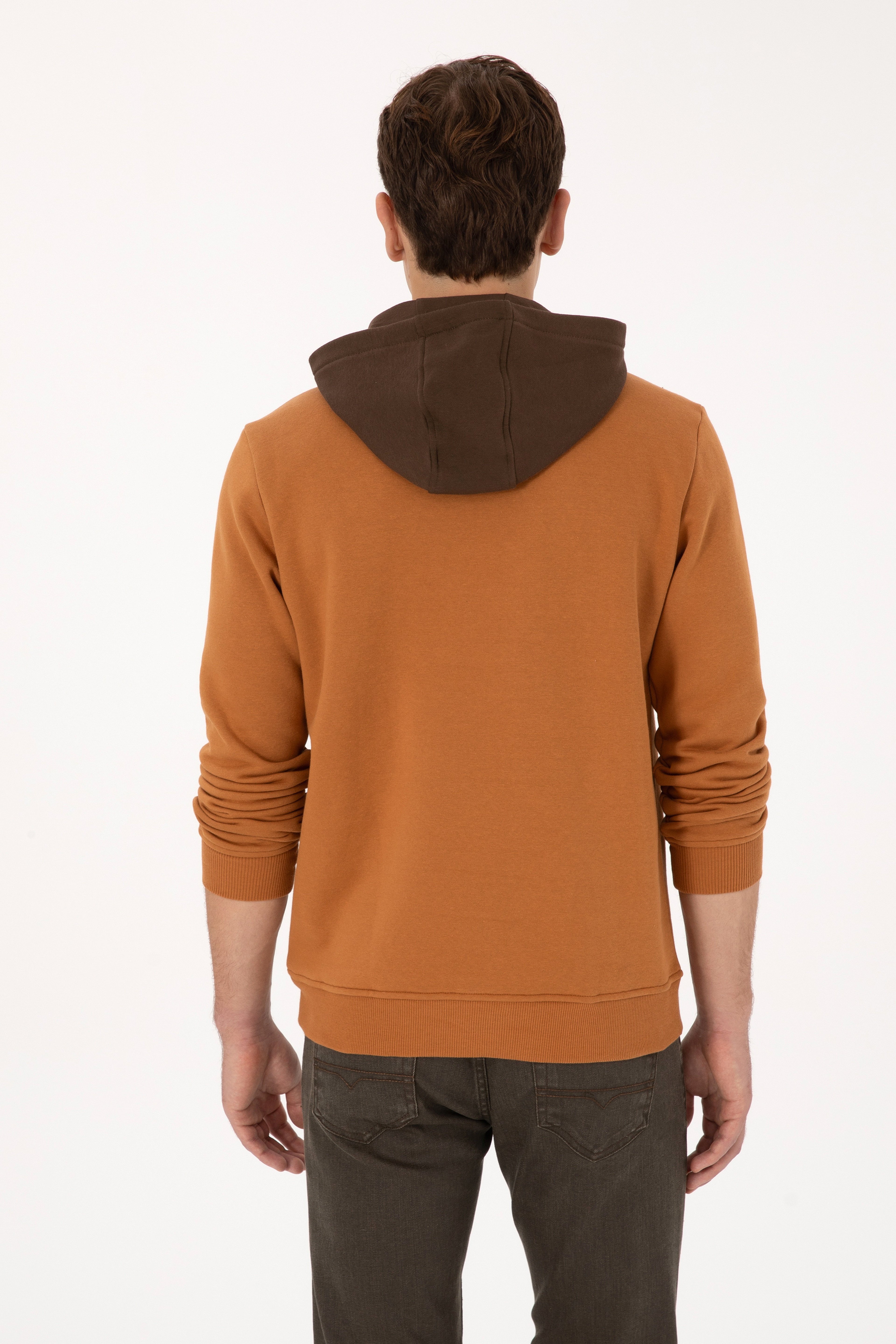 Erkek Regular Fit Kapüşonlu Şardonlu Açık Haki Sweatshirt - Image 5