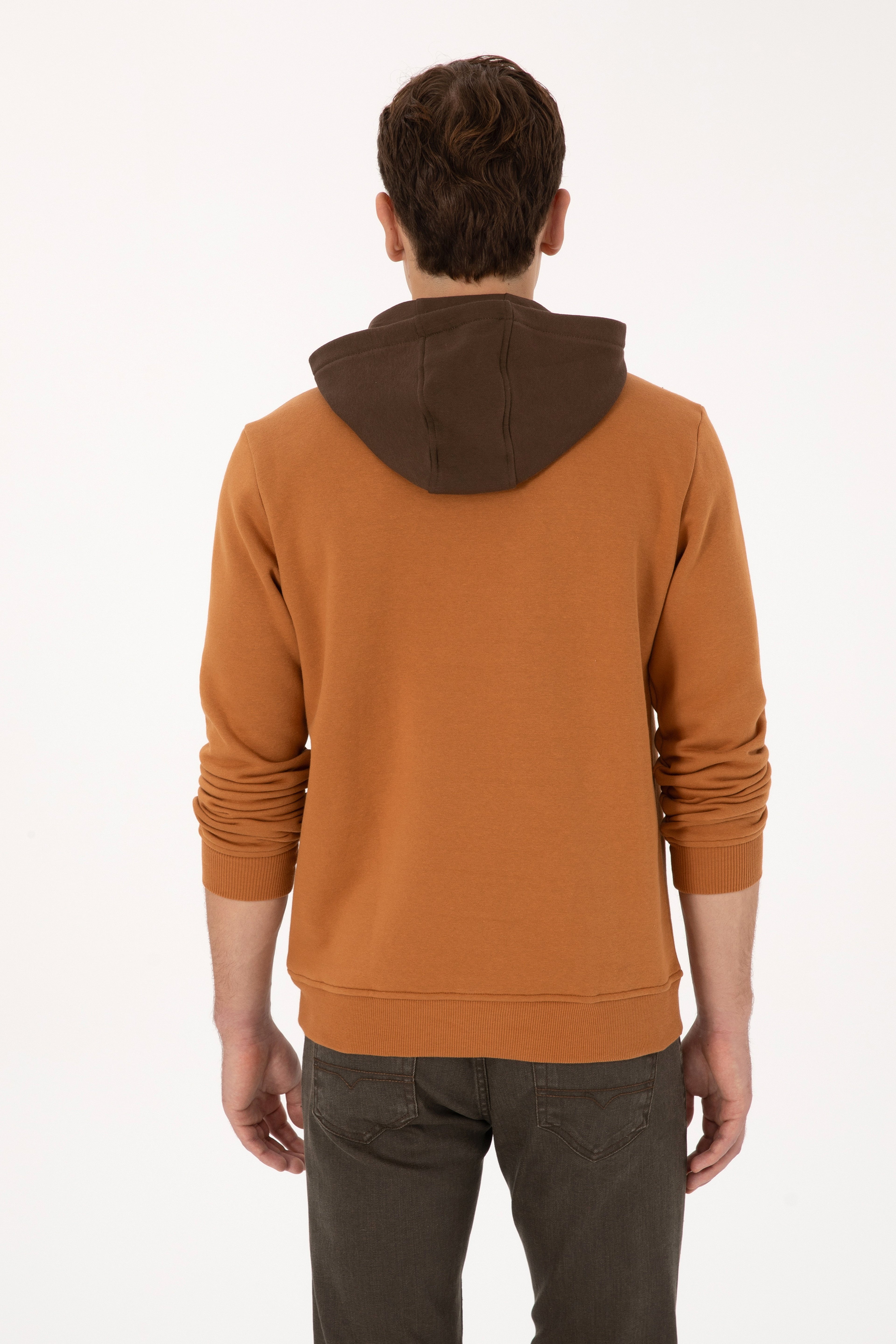Erkek Regular Fit Kapüşonlu Şardonlu Açık Haki Sweatshirt