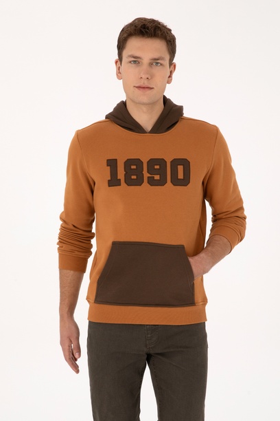 Erkek Regular Fit Kapüşonlu Şardonlu Açık Haki Sweatshirt