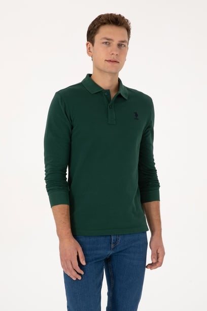 Erkek Slim Fit Polo Yaka Koyu Yeşil Basic Sweatshirt