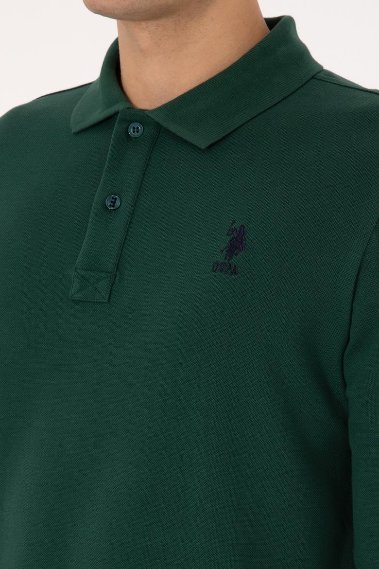 Erkek Slim Fit Polo Yaka Koyu Yeşil Basic Sweatshirt - 50307687086