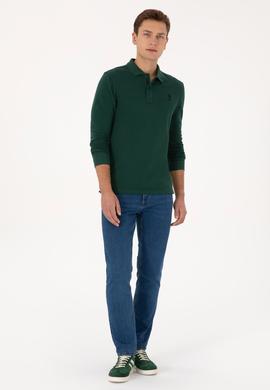 Erkek Slim Fit Polo Yaka Koyu Yeşil Basic Sweatshirt - 50307687086