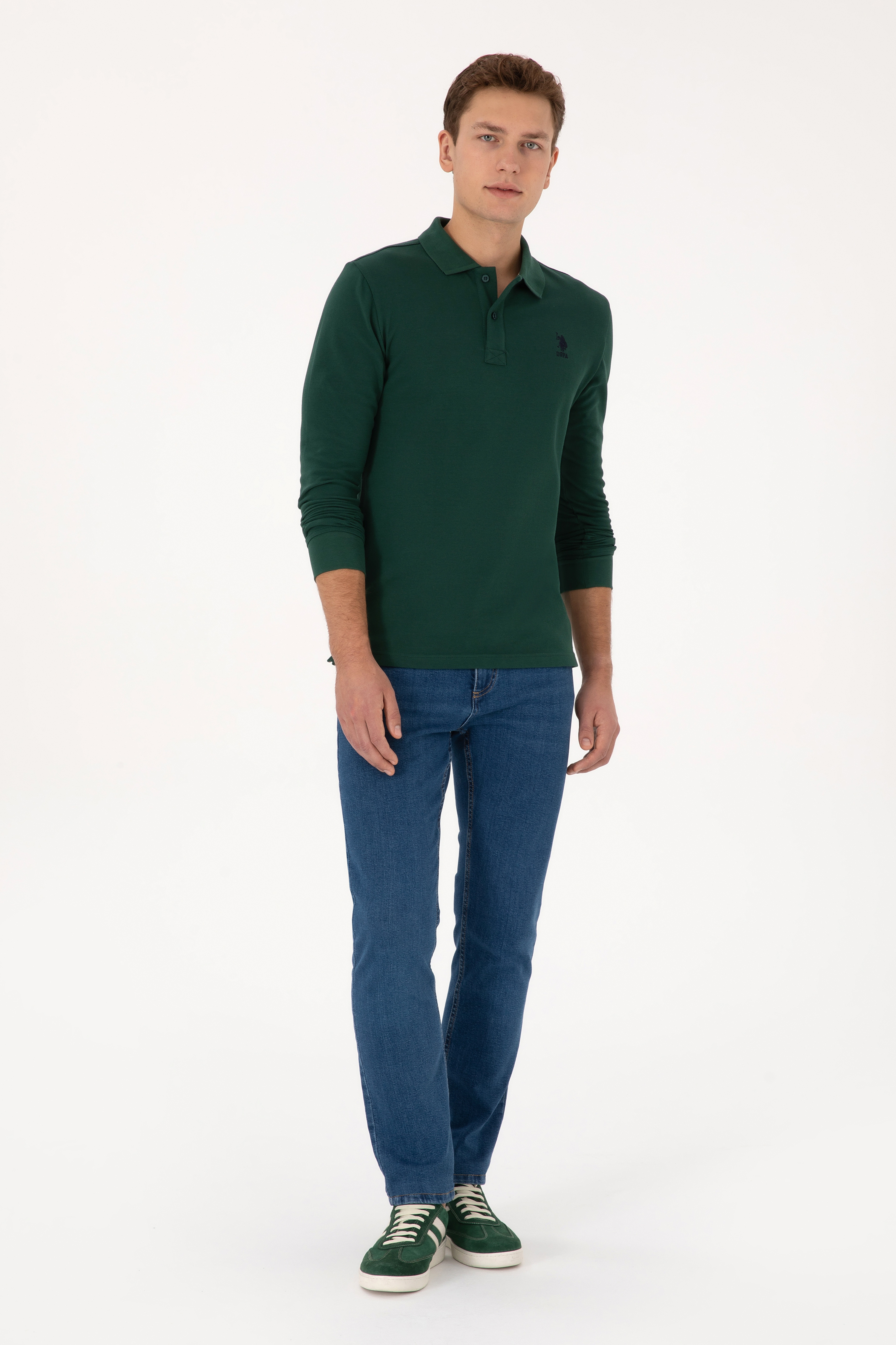 Erkek Slim Fit Polo Yaka Koyu Yeşil Basic Sweatshirt - Image 4