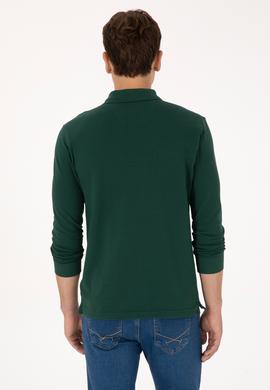 Erkek Slim Fit Polo Yaka Koyu Yeşil Basic Sweatshirt - 50307687086
