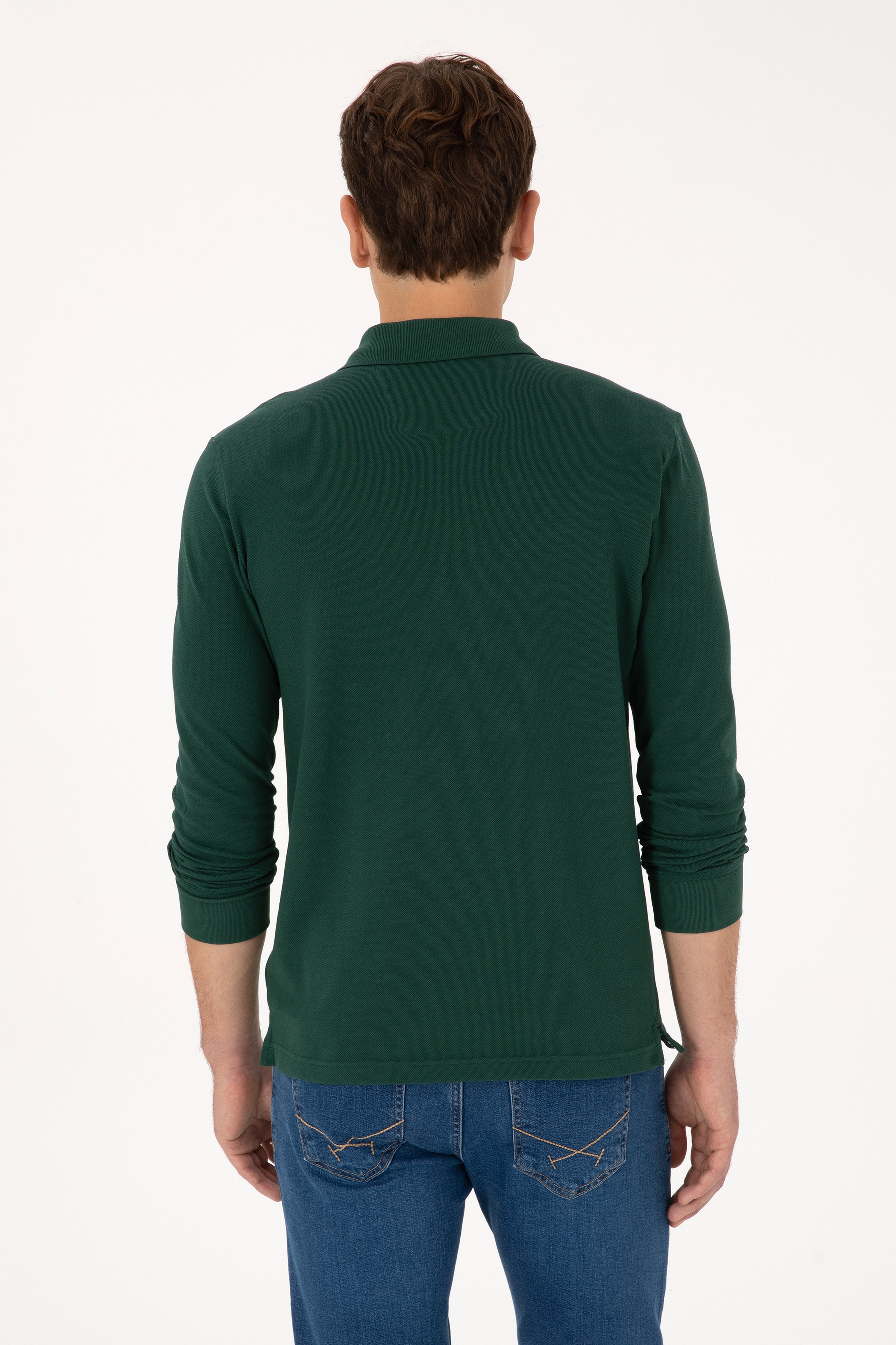 Erkek Slim Fit Polo Yaka Koyu Yeşil Basic Sweatshirt - Image 5