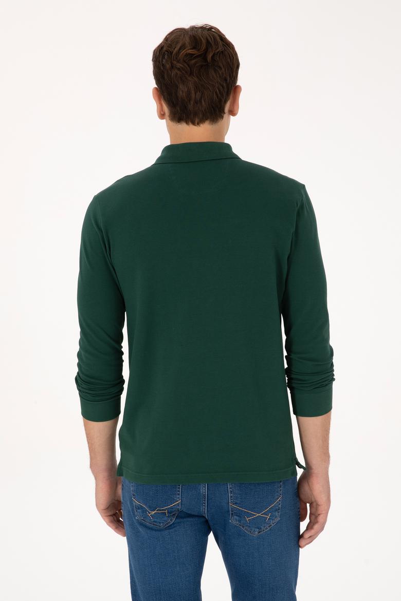Erkek Slim Fit Polo Yaka Koyu Yeşil Basic Sweatshirt - 50307687086
