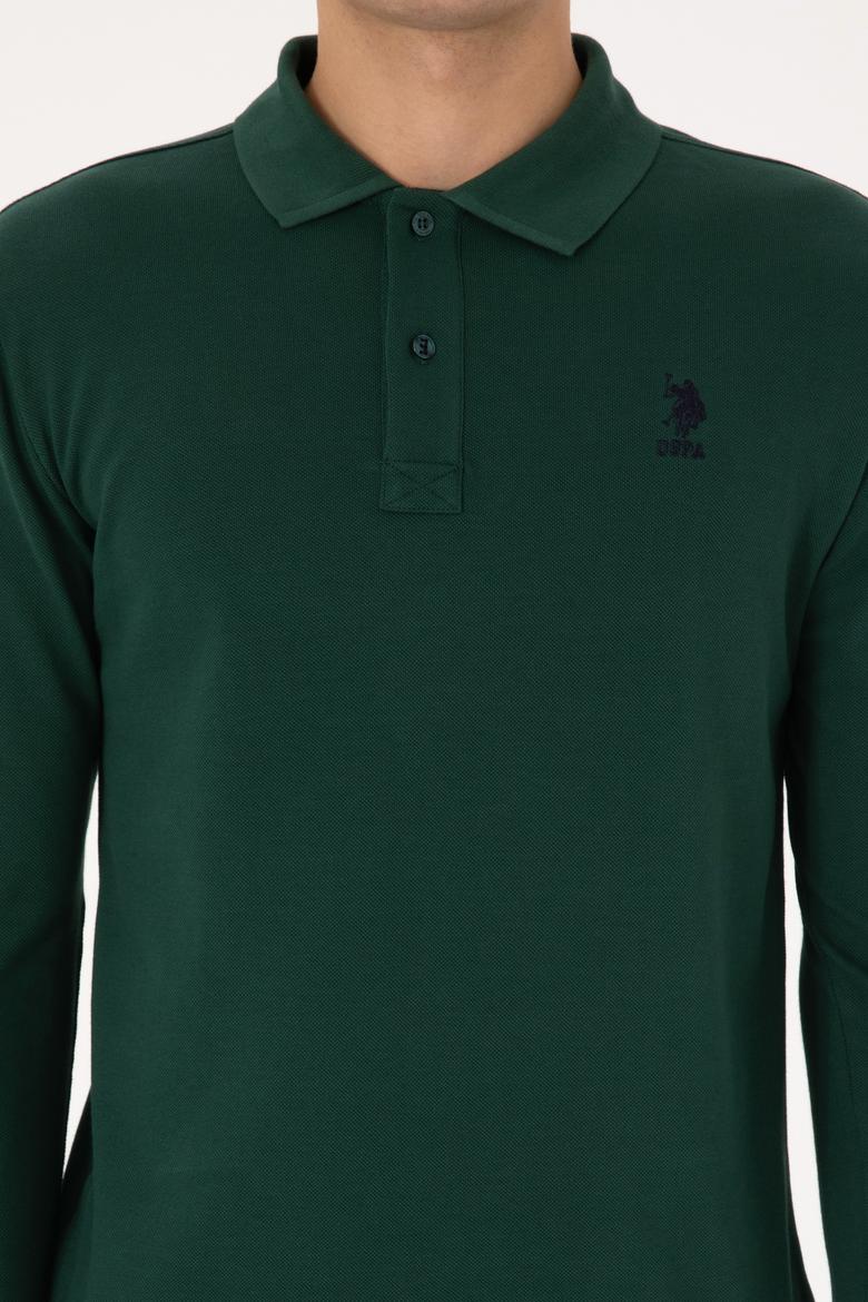 Erkek Slim Fit Polo Yaka Koyu Yeşil Basic Sweatshirt - 50307687086