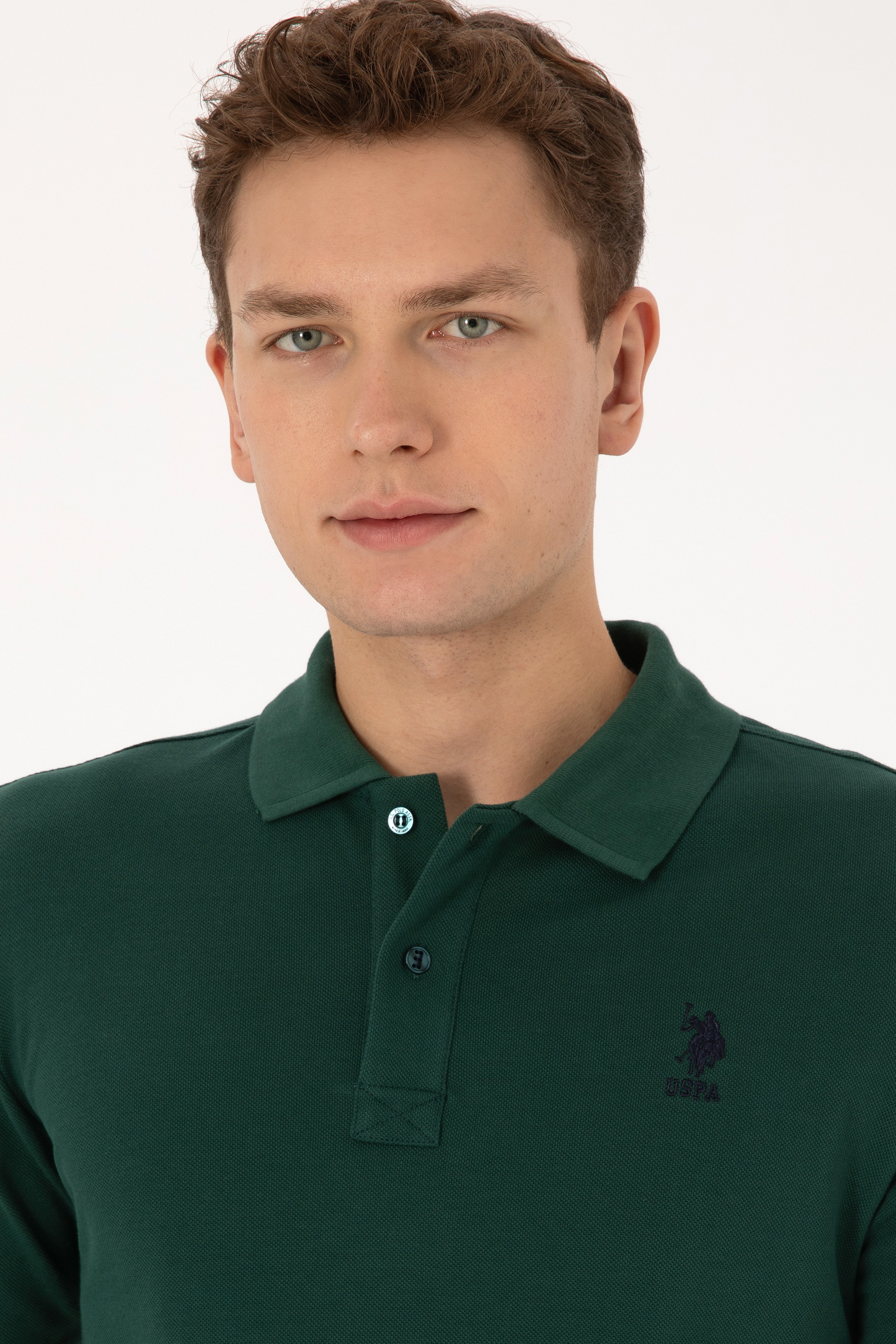 Erkek Slim Fit Polo Yaka Koyu Yeşil Basic Sweatshirt - Image 2