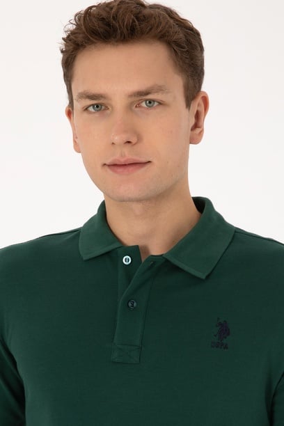 Erkek Slim Fit Polo Yaka Koyu Yeşil Basic Sweatshirt