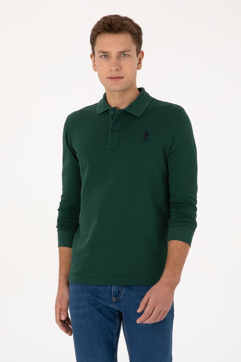 Erkek Slim Fit Polo Yaka Koyu Yeşil Basic Sweatshirt
